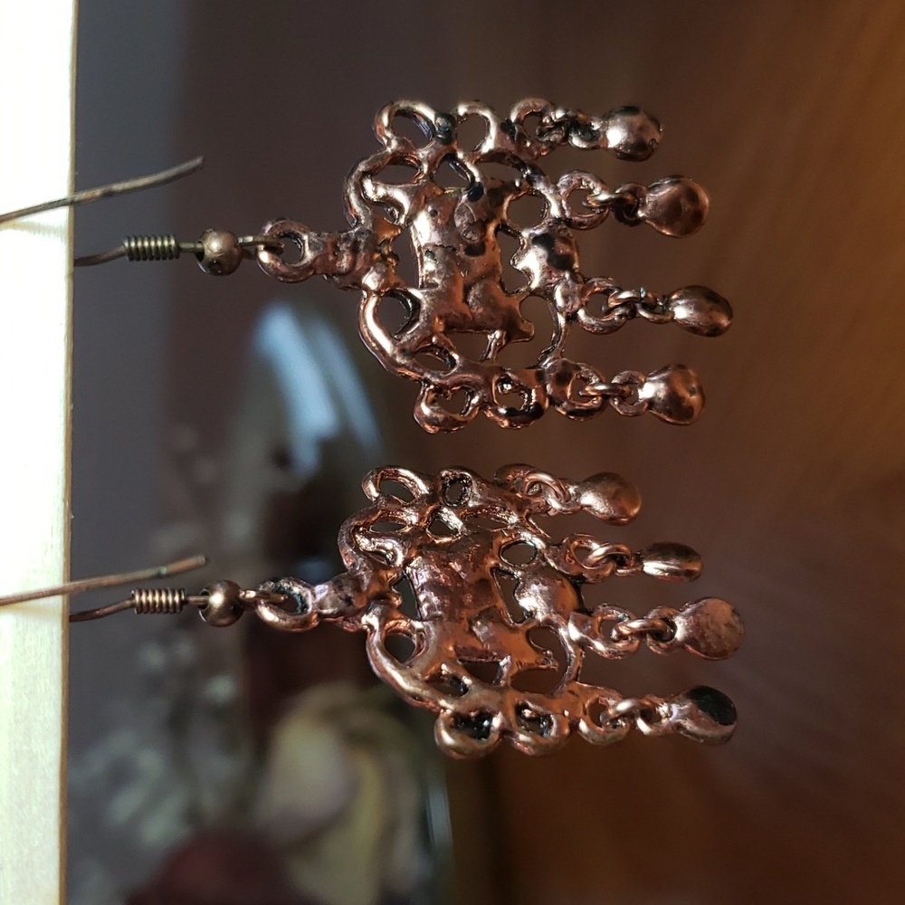 Bronze Tone Earrings with Sparkly Green Enamel - Picture 2 of 5